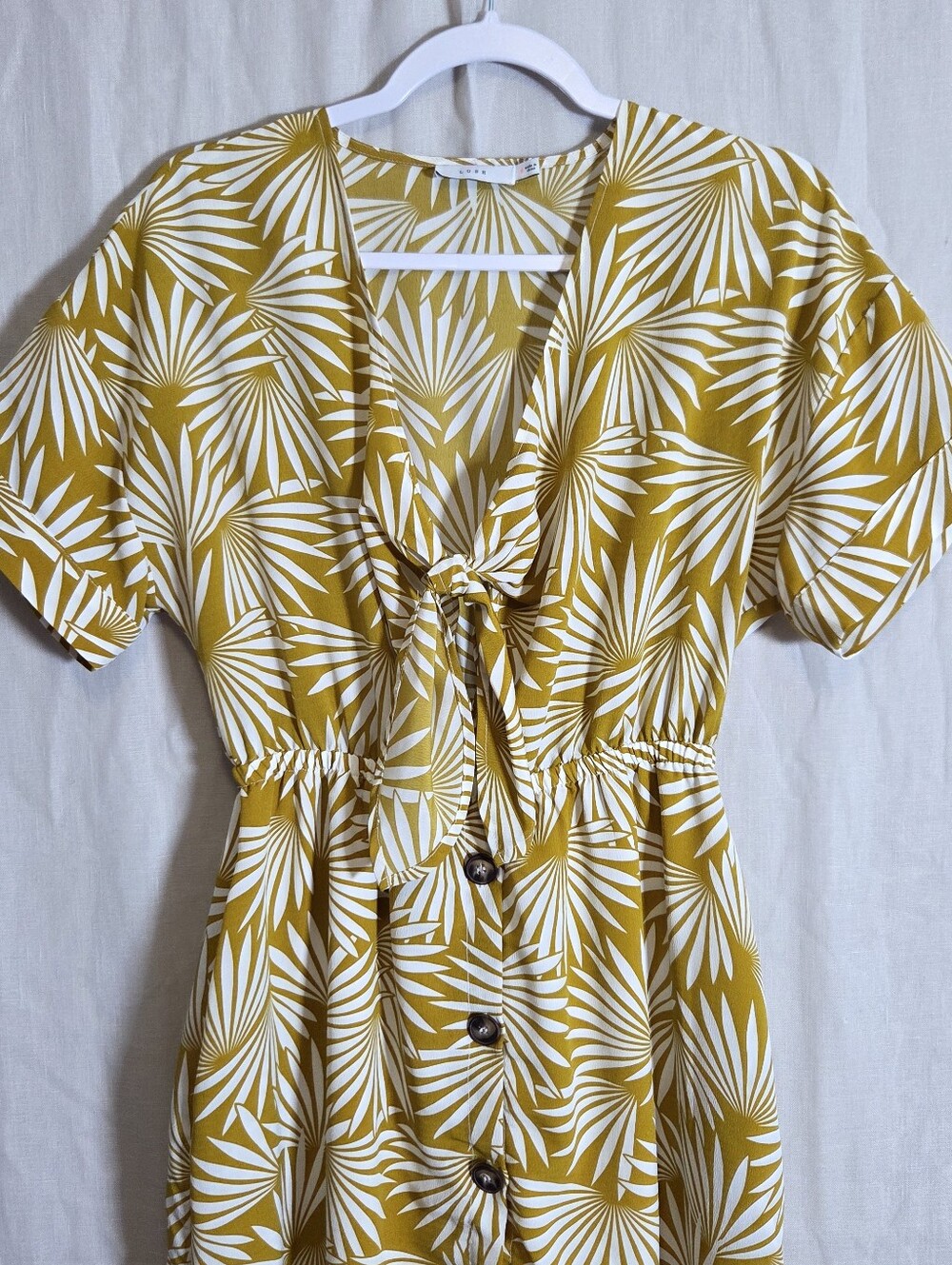 Lush Tie-Front Palm Print Dress in Mustard and White